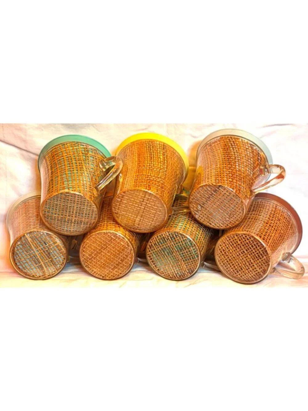 Raffia Ware 7 flared Coffee Cups burlap woven straw pastel mugs Vintage MCM tiki